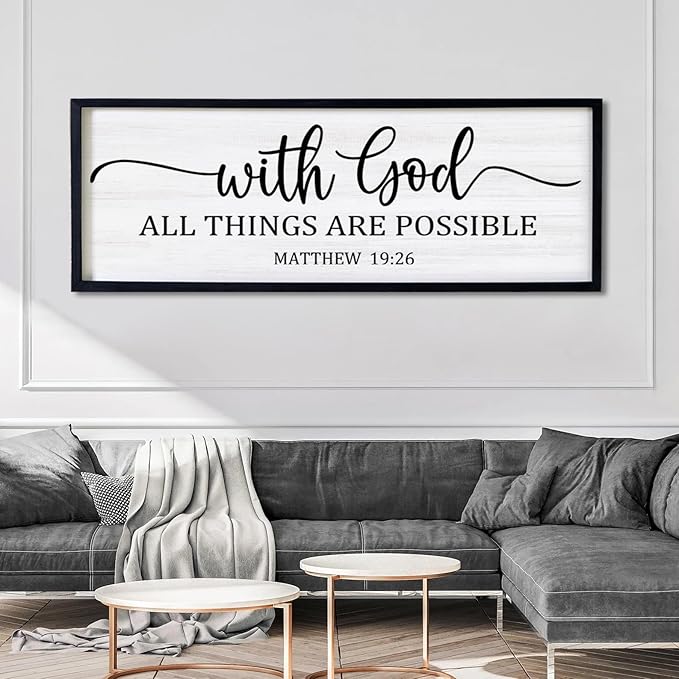 With God All Things are Possible Framed Wall Art, 40''×15'' Black Positive Religious Rustic Bible Verse for Christian God Jesus Christ Prayer, Holy Horizontal Inspirational Catholic Scripture Decor