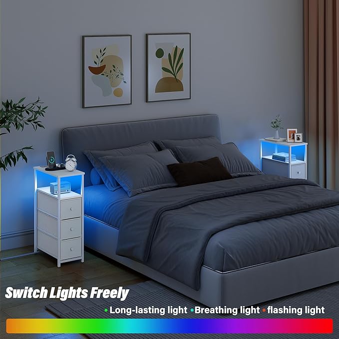 TUTOTAK Narrow LED Night Stand with Charging Station, Slim End Table with Plugins, Tall Side Table with 3 Fabric Drawer, Small Bedside Table with Storage, for Living Room, White TB01BW086L