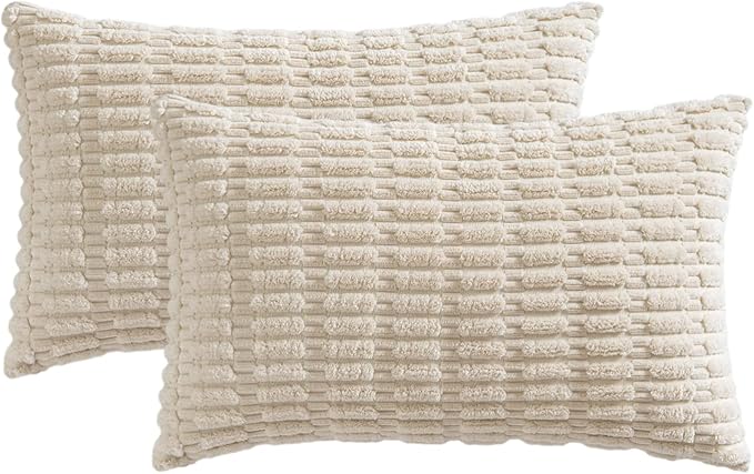MIULEE Pack of 2 Corduroy Decorative Lumbar Throw Pillow Covers 24x14 Inch Soft Boho Striped Pillow Covers Modern Farmhouse Home Decor for Sofa Living Room Couch Bed Cream White