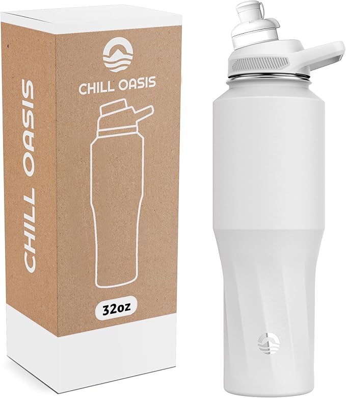 Chill Oasis Water Bottle | Compatible With Popular Flavor Cartridges | BPA Free, Leak Proof, Double-Walled Vacuum Insulated Stainless Steel, and Dishwasher Safe | Cold for 24 Hours (White, 32oz)