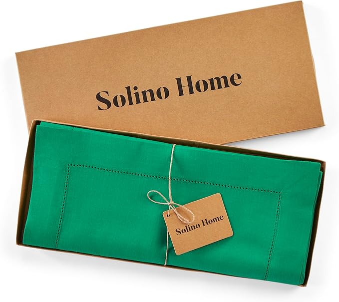 Solino Home Linen Emerald Green Hemstitch Table Runner 48 Inches - 100% Pure Linen Small Table Runner 14 x 48 Inch Ideal for Dresser and Coffee Tables - Classic Hemstitch
