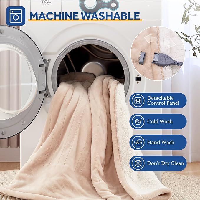 Sealy Electric Blanket Queen 84"*90",Super Cozy Flannel to Sherpa Reversible Heated Blanket Queen Size with 10 Heating Levels & 1-12 Hours Auto Off Overheating Protection Machine Washable,Beige