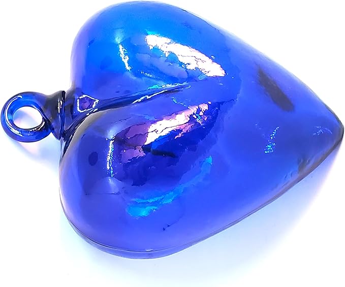 Cobalt Blue 5.1 inch Large Hanging Glass Hearts (Set of 6), Recycled Blown Glass Ornaments (LGE Cobalt Blue Hearts)