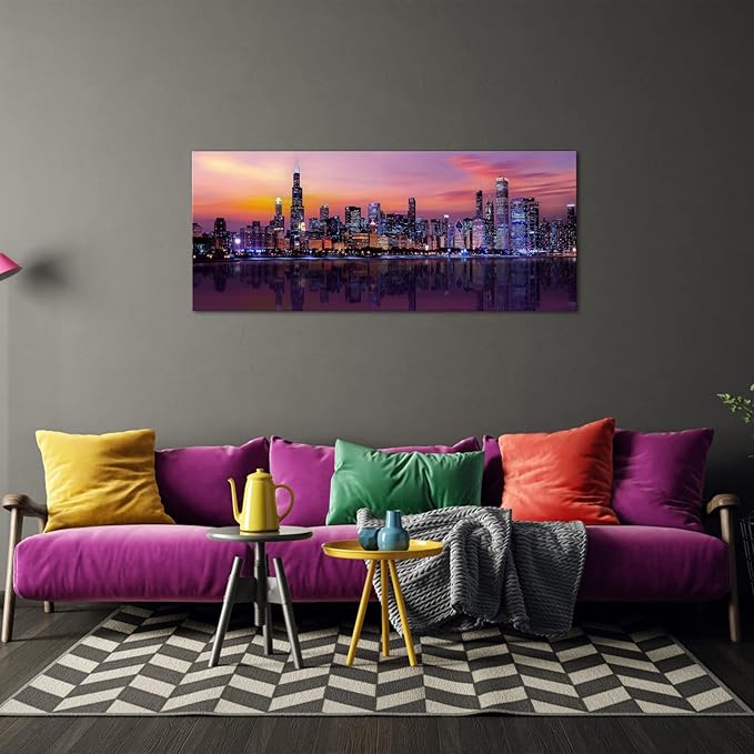 Fochorlo Large Chicago Canvas Modern City Skyline Wall Art Downtown Night Picture Prints Ready To Hang 20"X48"