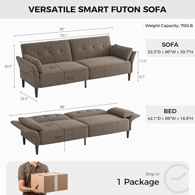 89” Futon Sofa Bed, Comfy Futon Couch Bed with 2 Square Pillows, Convertible Sleeper Sofa with Adjustable Backrest& Armrests, Modern Loveseat Sleeper for Living Room, Bedroom, Light Brown