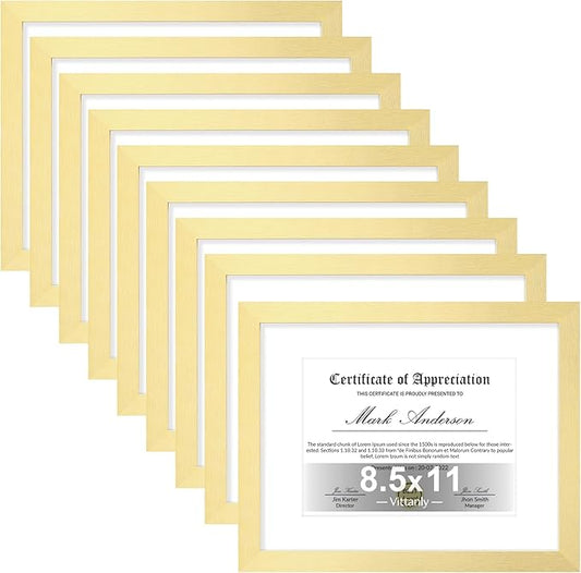 Vittanly 8.5x11 Picture Frames Set of 9, Shatter Resistant Plexiglass, Display 6x8 Pictures with Mat or 8.5x11 without Mat, Photo Frames for Wall or Tabletop, Engineered Wood, Gold