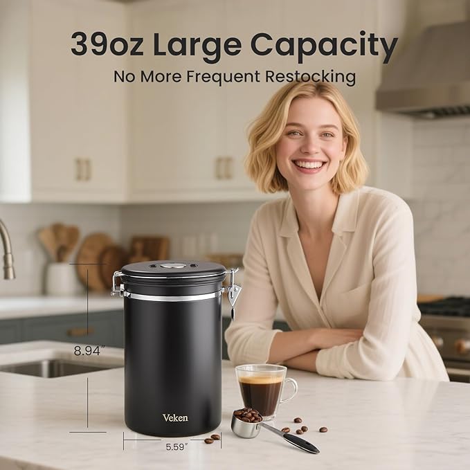 Veken Coffee Canister, 39OZ Large, Airtight Stainless Steel Food Storage Container for 2.2lbs Coffee Beans, Ground, Sugar, Tea, Flour, Rice, Cereal, Cookies Jars, Bar Accessories & Gifts, Black