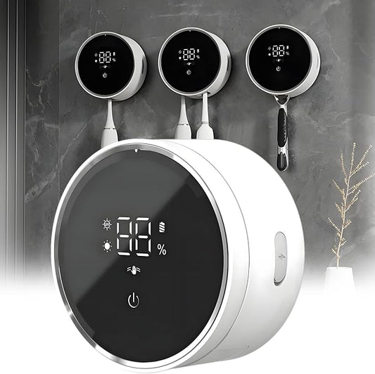 Toothbrush Holders Cleaner & Dryer for Bathroom - Mirror Wall Mounted [Rechargeable, Auto Sensor Open/Close Lid, LED Smart Screen] Adhesive Electric Tooth Brush Razor Holder with Cover for Home Travel