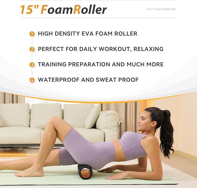 5 in1 Foam Roller Set, Trigger Point Foam Roller, Massage Roller Stick, Massage Ball, Resistance Band for Deep Muscle Massage Pilates Yoga,Fitness Exercise for Whole Body (Pure Black)