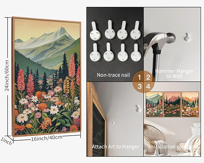 Tinonedraw Colorful Nature Flowers Framed Canvas Wall Art Set, Boho Blue Ridge Mountain Wall Decor,Floral Forest Scenery Artwork, Modern Wildflower Blossom Landscape Art Prints for Living Room Bedroom Office 16"x24"x3