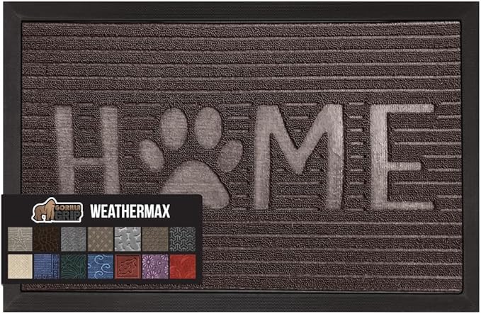 GORILLA GRIP 100% Waterproof All-Season WeatherMax Doormat, 47x35, US Designed Natural Rubber, Stain and Fade Resistant, Low Profile Indoor Outdoor Door Mats, Easy Clean Patio Mat, Espresso Home Paw
