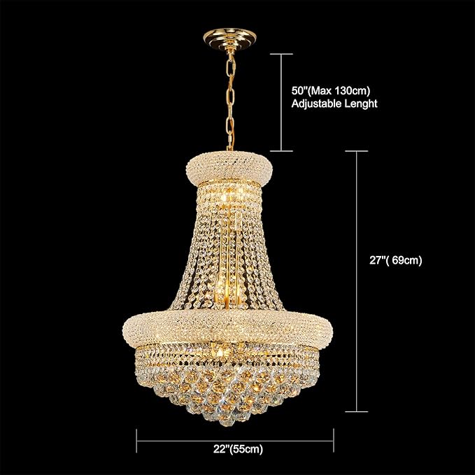 12 - Light Unique Empire Crystal Chandelier for Foyer Entryway Living Room Dining Room Bedroom Entryway Gold Finish