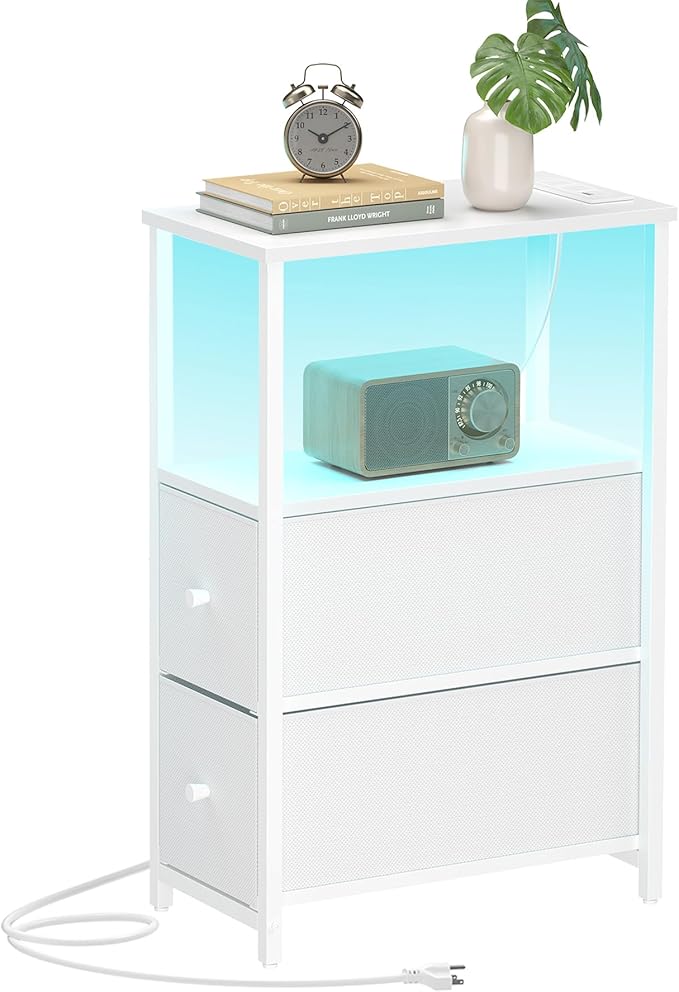 TUTOTAK Small Narrow LED End Table with Charging Station, Side Table Outlets, Nightstand with 2 Cloth Drawers, Couch Table, for Living Room, Bedroom, Bedside, White TB01BW085L