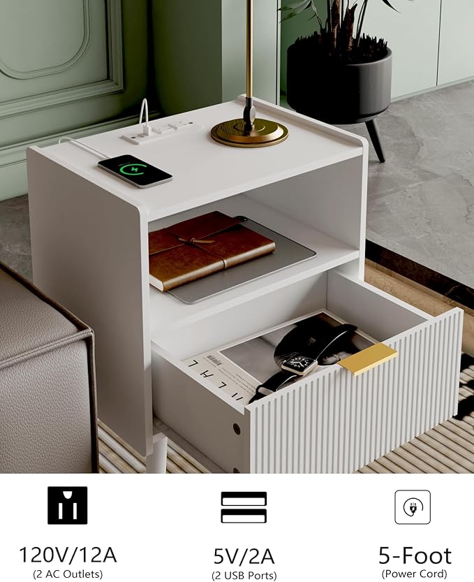 Nightstand,Modern Bedside Table with Storage Drawer and Open Wood Shelf, Accent Night Stand with Solid Wood Legs for Living Room, Bedroom and Small Spaces,Easy Assembly (White-Outlet)