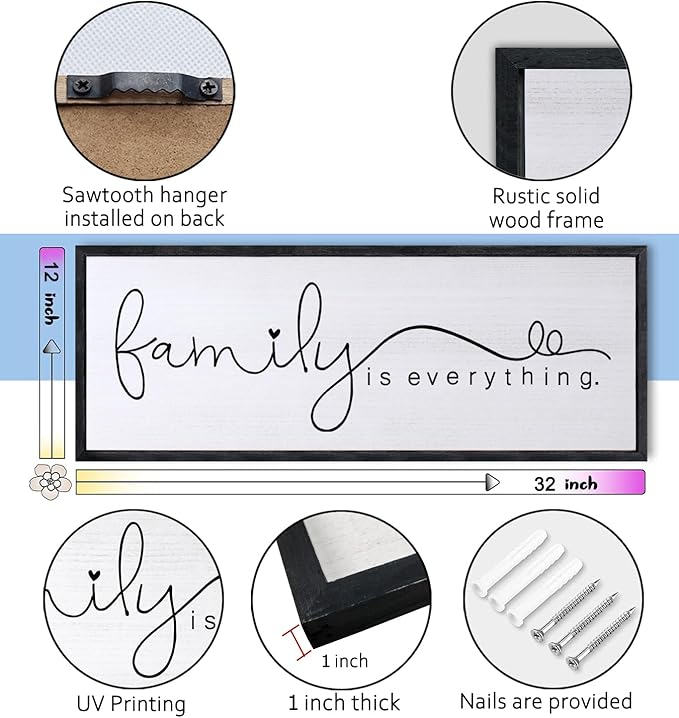 Foutcheou Family is Everything Wall Decor Sign 32"×12" for Family Living Room Large Wood Framed Wall Art Hanging Decoration (Black)