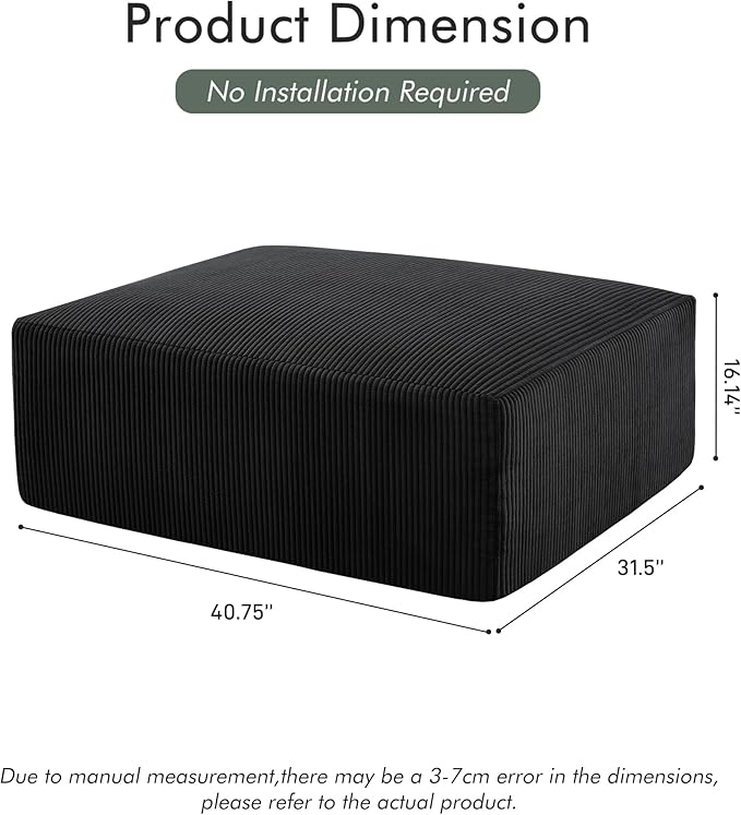 40" Square Stuffed Ottoman Pouf for Sofa Couch, Corduroy Poufs with Foam Chunk Filling, Furry & Fluffy Foot Stool Movable Ottoman. 40 * 31 Floor Poufs Foot Rest for Living Room, Black