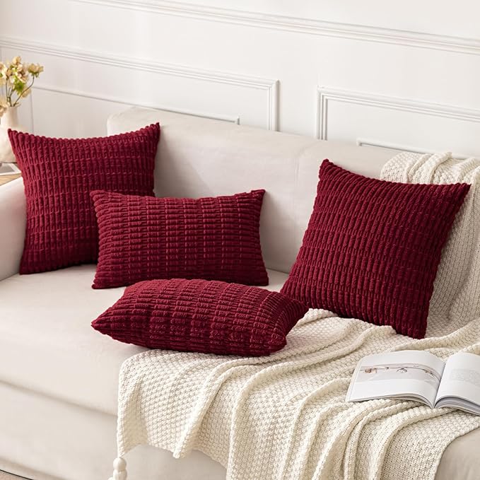 MIULEE Pack of 2 Christmas Burgundy Corduroy Decorative Euro Sham Pillow Covers 22x22 Inch Soft Boho Striped Throw Pillow Covers Modern Farmhouse Home Decor for Sofa Living Room Couch Bed
