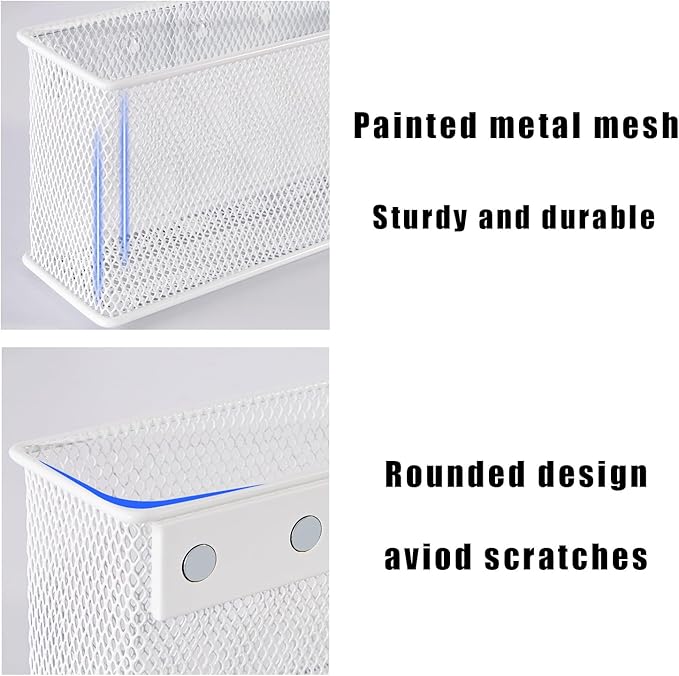 White Magnetic Basket, Magnetic Shelf Pencil Holder for Refrigerator, Wire Mesh Magnetic Bin, Magnetic Organizer Whiteboard Desktop Storage, 6.29"x2.28"x3.54"