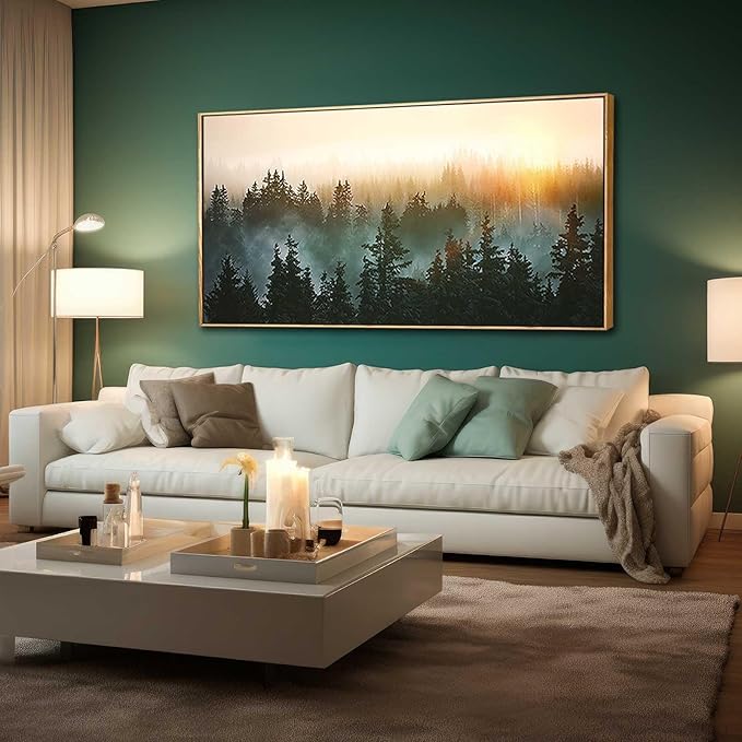 Living Room Wall Art Sunrise Misty Forest 24"x48" Modern Home Wall Decor Plants Wall Decorations Framed Artwork for Bedroom Dining Room Office Hotel