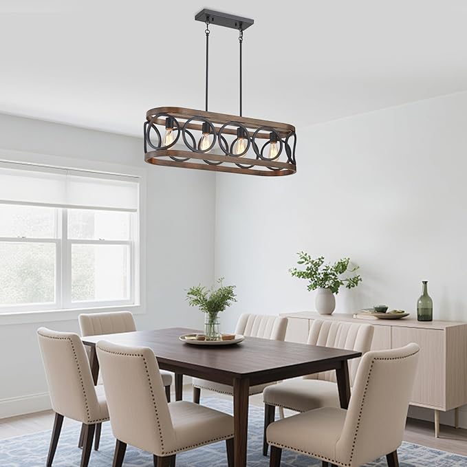 XINGQI Rectangular Linear Kitchen Island Chandeliers Over Table 32.7" Black Pendant Lighting Fixtures Farmhouse 4-Light for Dining Room Bar Office Coffee Shop, Black Wood Grain