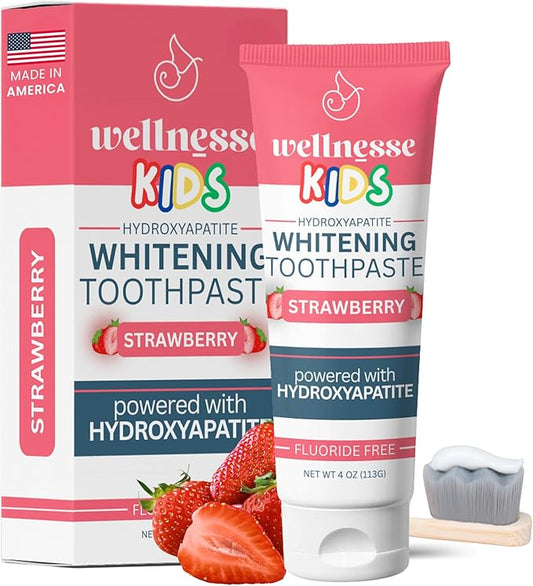 Wellnesse Kids Hydroxyapatite Toothpaste with Xylitol - Fluoride Free Toddler & Kid's Natural Toothpaste, Freshens Breath, Sensory-Friendly Oral Care, Vegan, Strawberry Flavor, 4 oz (Pack of 1)
