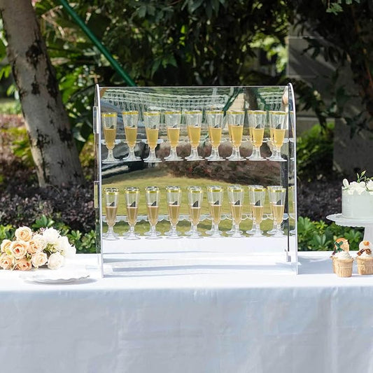 Tableclothsfactory Silver Mirror Finish 2-Tier Wine Glass Stemware Rack, 18 Champagne Flute Holder Foam Board Stand - 25"