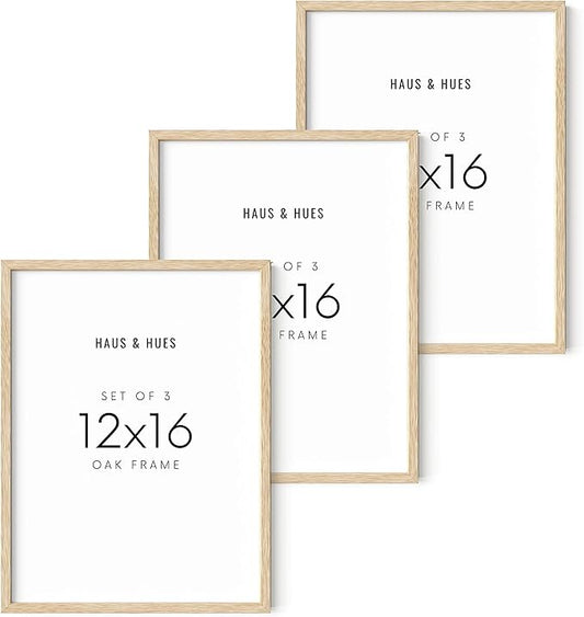 HAUS AND HUES Beige Wood Oak 12x16 Picture Frame, Set of 3 - Modern Wood Wall Art Display - Lightweight 12x16 Frame Set of 3 for Art Prints, Photos, Posters - Ready-to-Hang Vertically & Horizontally