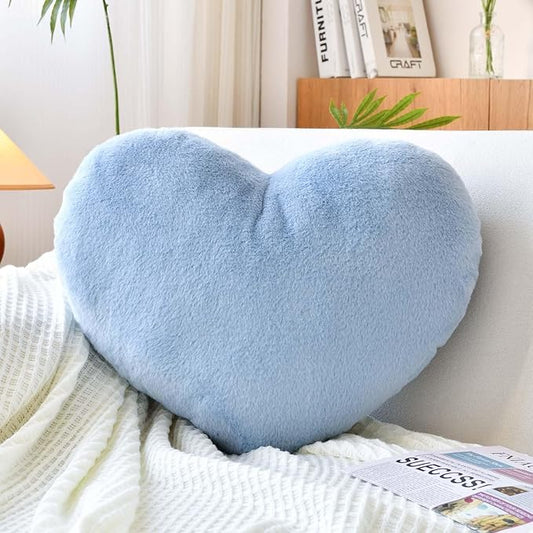 Dusty Blue Heart Pillows, Cute Heart Decorative Pillow, Heart Shaped Throw Pillows for Bed, Faux Rabbit Fur Plush Hoom Decor Pillow Cushion for Chair Sofa Living Room (Mini 12.9" x 9.8")