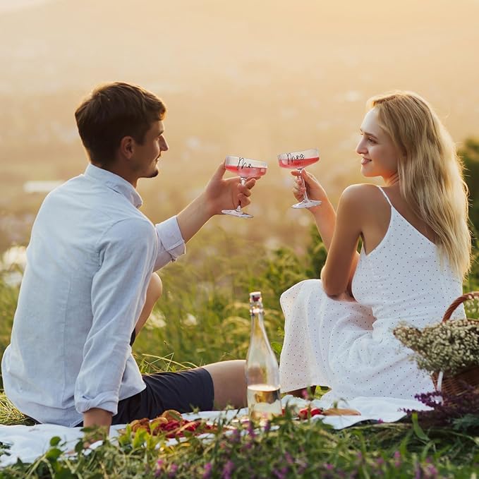 Ribbed Coupe Glasses for Anniversary Engagement Wedding Bridal Shower Gifts for Couple, Crystal Martini Glasses Set of 2, 10 Oz Vintage Wedding Mr and Mrs Champagne Flutes, Margarita Cocktail Glasses