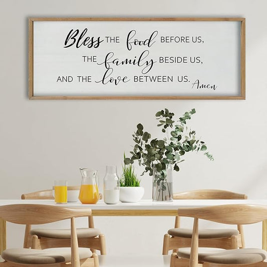 SRSZHIYUE Bless the Food Before Us Wall Sign Decor 40"×15" Christian Bible Verse for Farmhouse Rustic Kitchen Dining Room Framed Wood Scripture Religious Jesus Prayer Wall Art (Wood)