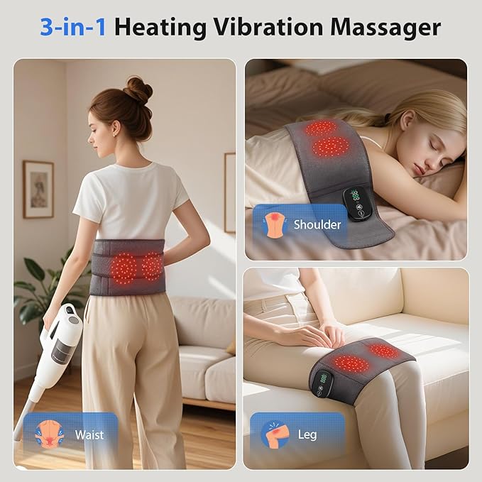 Lower Back Massager with Heat, Heating Pad for Back, Stomach Heating Pad, Waist Belt Wrap with Heat Vibration 3 Levels Adjustable, Touchscreen Control, Adjustable Size, Gifts for Dad Mom (Grey)