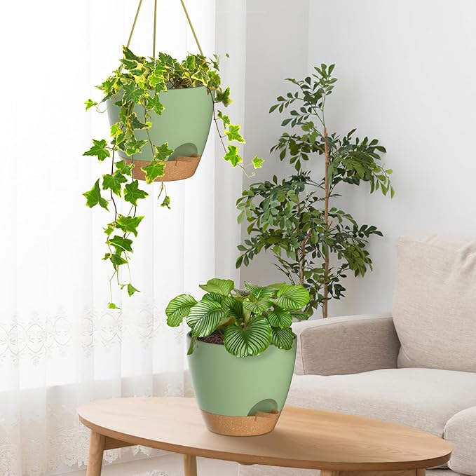 ZMTECH 6.5 Inch Hanging Planters for Indoor Outdoor Plants, 2 Pack Self Watering Hanging Plant Pots with Drainage Holes and Removable Saucer, Plastic Flower Hanging Pots with Watering Lip (Green)