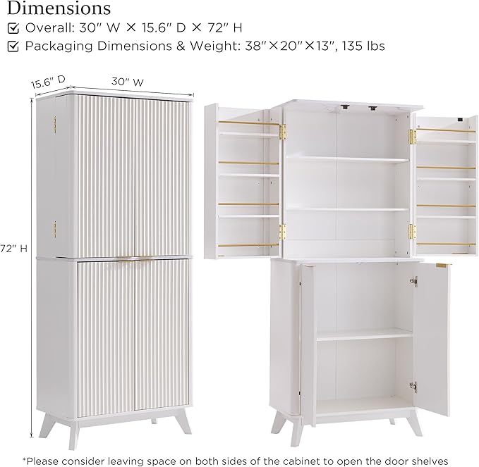 OKD Fluted Kitchen Pantry, 72" Tall Mid Century Modern Storage Cabinet with Adjustable Shelves & Door Organizer, Wood Cabinet for Kitchen, Living Room, Solid White