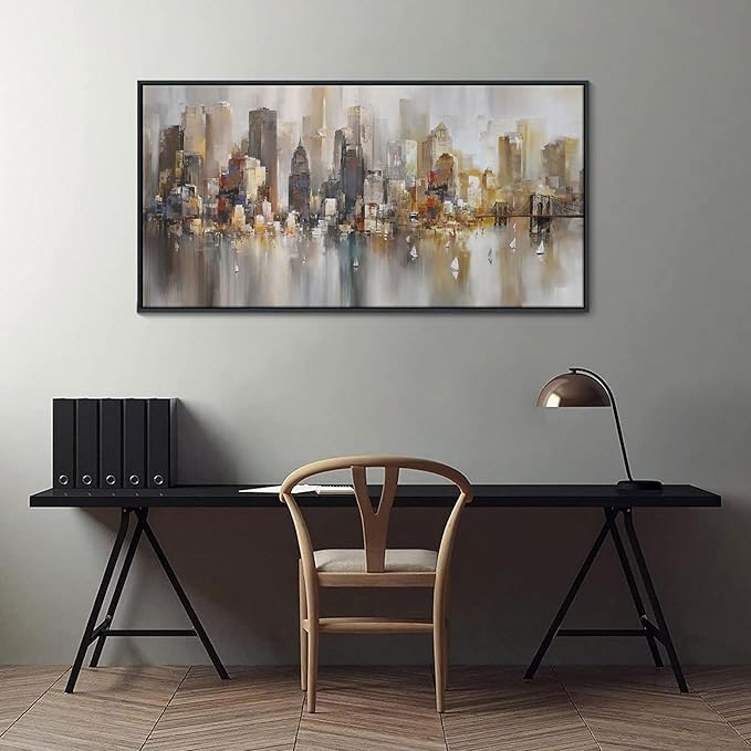 New York City Wall Art -Framed Modern Abstract Wall Art for Living Room, Office & Bedroom Cityscape & Paintings for Bedroom brooklyn bridge Pictures Wall Decor Chicago Artwork for Walls 24×48IN