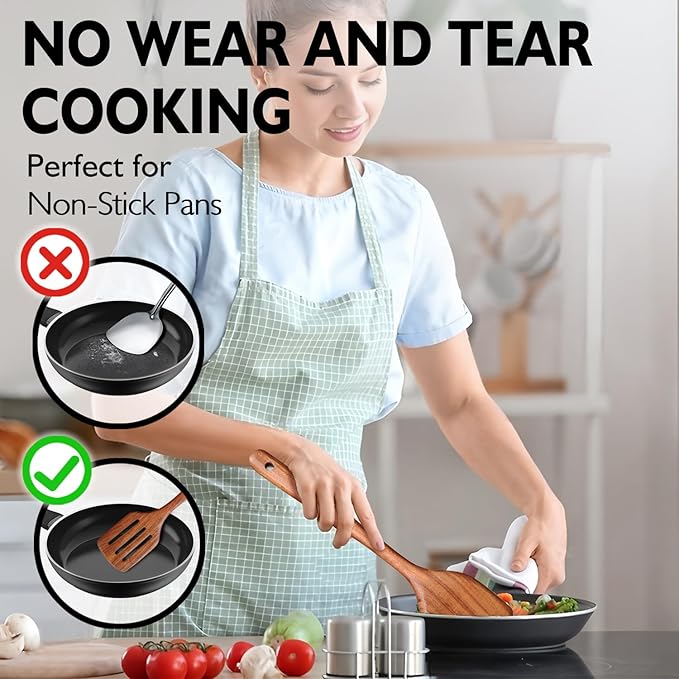 Wooden Spoons for Cooking 6 Piece, Natural Teak Kitchen Utensils Spatula, Smooth Finish Wooden Cooking Utensils Spoons, Filter Spoon, Salad Fork
