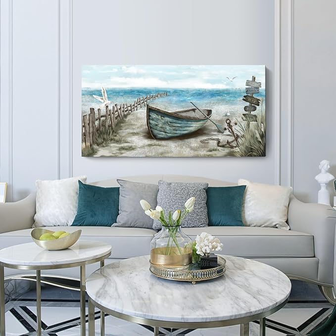 Wall Art for Living Room Large Beach Decor Picture Seagull Vintage Boat Artwork Ocean Sea Bird Canvas Print Seascape Nautical Painting Blue Teal Rustic Coastal Themed Cottage Bedroom Office Décor