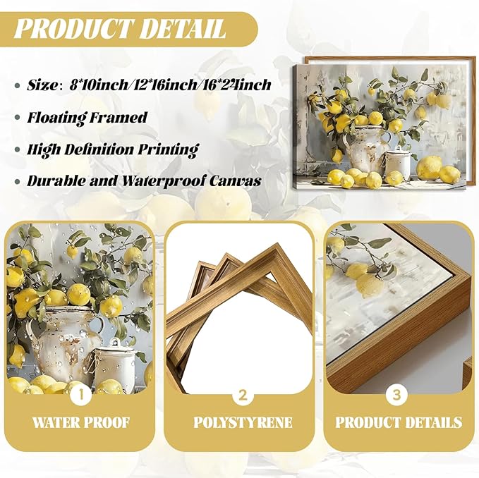 Framed Lemon Kitchen Wall Decor for Dining Room - Vintage Mustard French's Yellow Lemon Kitchen Wall Art, Rustic Oil Paintings Posters Prints for Bathroom Living Room Bedroom 12x16 inch