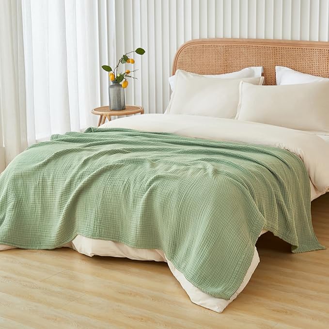 EMME Cotton Throw Blanket for Couch Soft Airy Muslin Bed Blankets Lightweight Breathable Blanket All Season Gauze Blanket, Sage Green