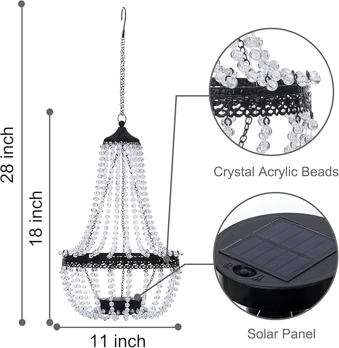 Hanging Solar Chandelier Outdoor, 30 Blue Lights Acrylic Clear Beaded Chandelier with S Hooks Modern Lantern for Garden Yard Patio Gazebo Decorations, 28”H