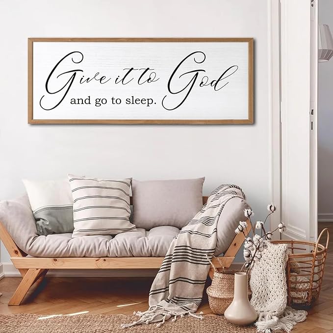 Give It To God And Go To Sleep Sign Wall Decor 40x15 Inch Large Farmhouse Master Bedroom Above Bed Hanging Wall Art Rustic Guest Room Wood Framed Over Bed Wall Decoration (Wood White)