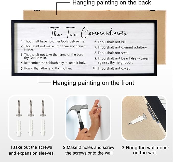 The Ten Commandments Rustic Bible Verse Framed Wall Art, 40''×15'' Positive Religious Christian Saying Sign for God Jesus Christ Prayer, Vintage Horizontal Holy Inspirational Catholic Scripture Decor