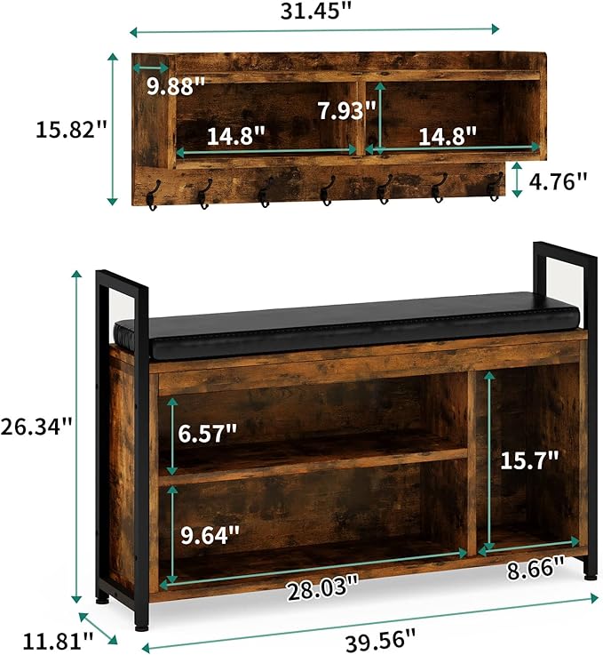 YITAHOME Hall Tree with Bench for Entryway, Wall Mount Coat Rack Shoe Bench Set, Industrial Entrance Organizer with Storage for Hallway, Rustic Brown
