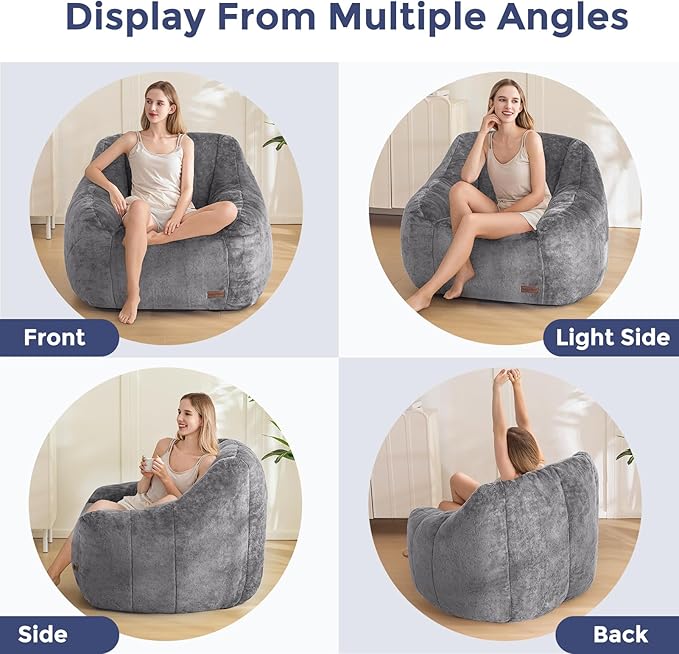 MAXYOYO Bean Bag Chair, Comfy Bean Bag Sofa with Back Support, Faux Fur Bean Bag Chair for Adults and Kids, Stuffed Floor Sofa for Living Room, Bedroom, Apartment, Grey