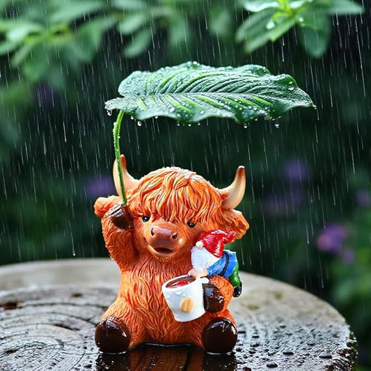 Garden Gnome with Highland Cattle 6.5“ Figurine Ornament for Indoor Outdoor Home Patio Yard Lawn, Red Hat, Blue Outfit, Indoor Outdoor Decorative Statue