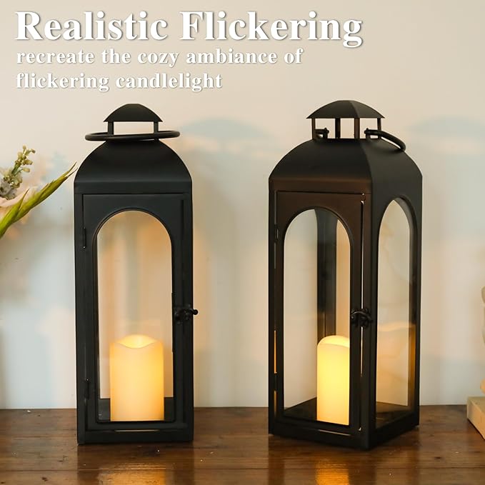 Bdor 2 Pack 20 Inches Metal and Tempered Glass Decorative Lantern with Electronic Wax Effect - Indoor/Outdoor Decorative Lighting, Handcrafted Aesthetic, Perfect for Home, Parties, and Holiday Decor