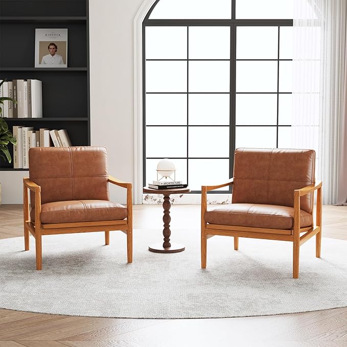 Mid Century Modern Accent Chair Set of 2, Leather Accent Chair, Relaxing Armchair with Solid Wood Frame & Soft Cushion, Reading Leisure Chairs for Living Room