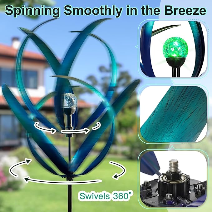 Outdoor Wind Spinners with Solar Light, 82'' Metal Large Spinner Yard Art, Peacock Blue Wind Sculptures for Garden Lawn Patio, Gifts for Family