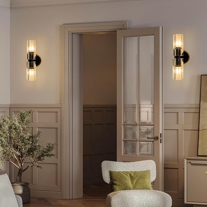 Black Crystal Wall Sconces Set of Two, Wall Sconce Set of 2, Black Sconces Wall Lighting with K9 Crystal Lampshade, Wall Lights for Bedroom Living Room Bathroom Hallway