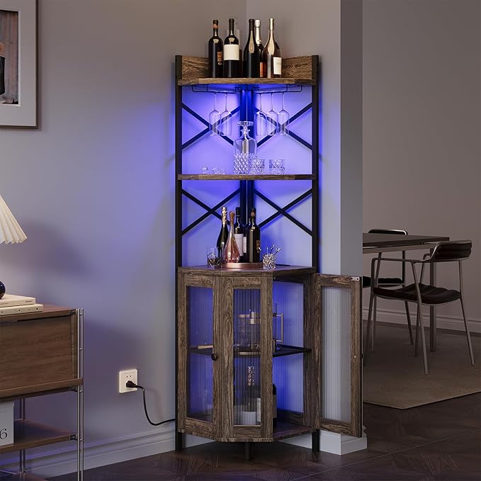 Corner Bar Cabinet with Power Outlet, 5-Tier Corner Wine Cabinet with Led Strip and Glass Holder, Industrial Tall Liquor Cabinet Bar Wine Rack for Home, Grey Oak