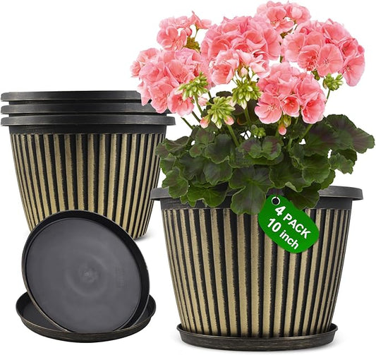 Planter-Pots-for-Plants-Indoor-Outdoor, 4 Pack 10 Inch Plastic Flower Pots with Saucer & Drainage Holes, Modern Garden Planters for Planting Medium Large Plants，Decorative Resin Garden Pots